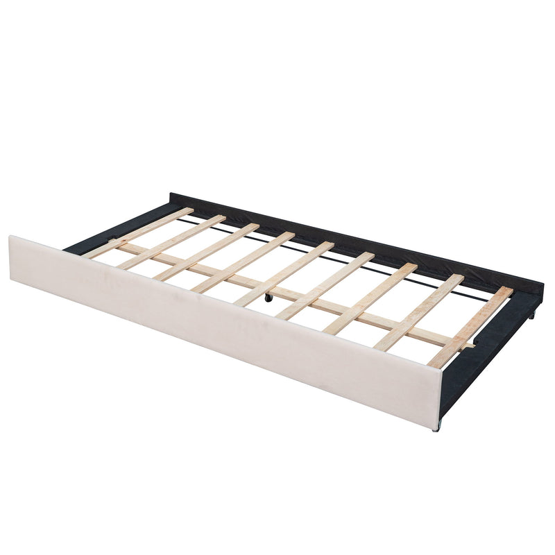 DreamHaus upholstered daybed sofa bed with trundle bed and wood slat, modern furniture showing the plush fabric and wooden frame.
