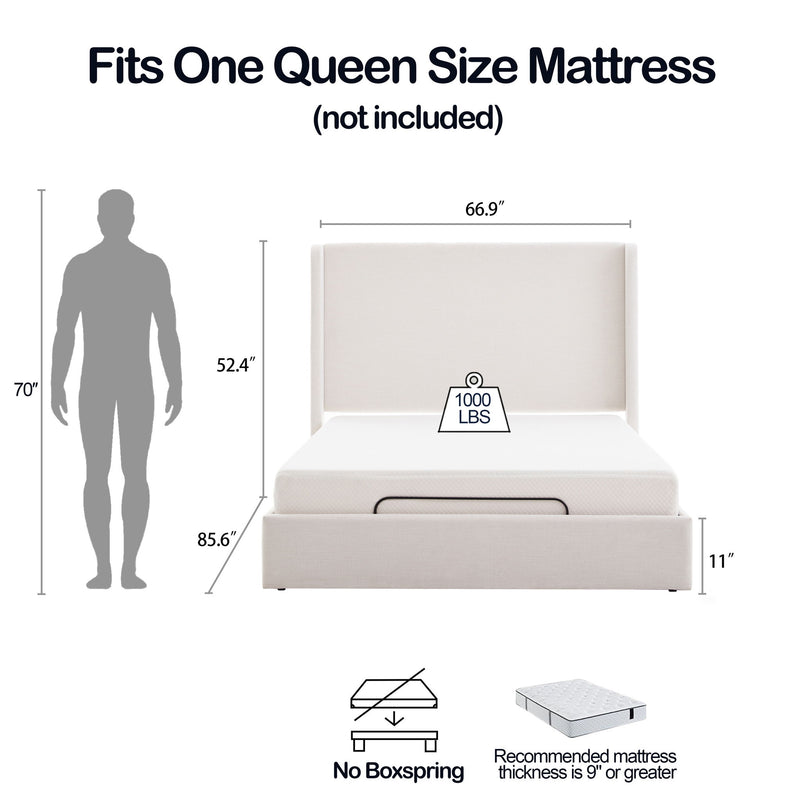 Caron - Queen Size Upholstered Wingback Bed With Adjustable Base Bundle Set - Ivory - R&R Furniture Gallery (Fountain Valley, CA)