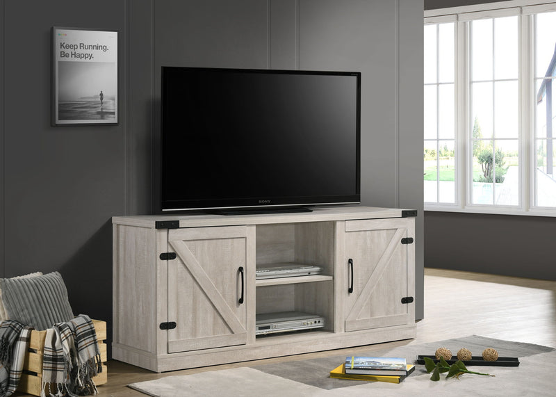 Salma 58-inch wide TV stand by Lilola Home with two open shelves and two cabinets in a modern design.