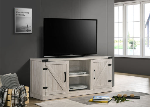 Salma 58-inch wide TV stand by Lilola Home with two open shelves and two cabinets in a modern design.