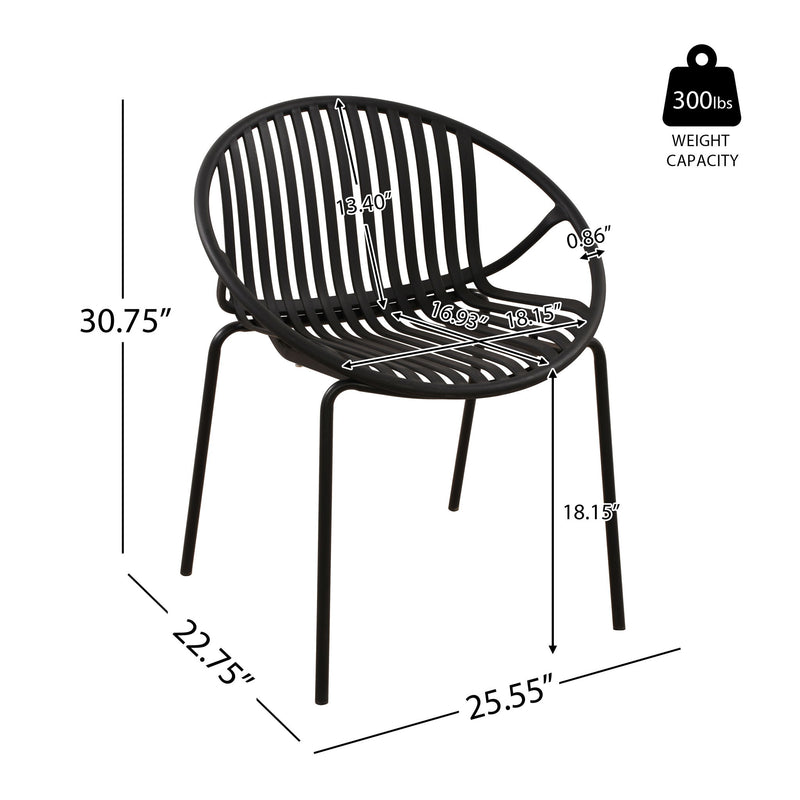 Set of two Noble House outdoor stackable chairs with breathable plastic backrests and sturdy frames for patio or garden use