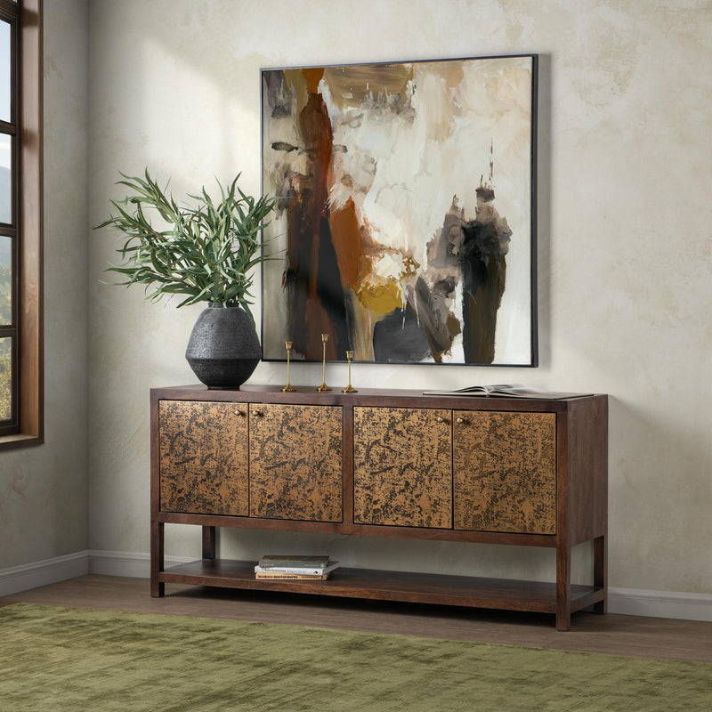 Classic Home Avara 4-door brown cabinet buffet with sleek wood finish and modern design for stylish storage.