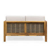 Outdoor 4 Seater Acacia wood chat set with wicker accents and beige cushions, perfect for garden or patio relaxation.