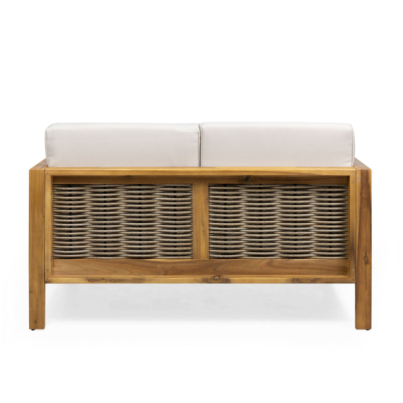 Outdoor 4 Seater Acacia wood chat set with wicker accents and beige cushions, perfect for garden or patio relaxation.