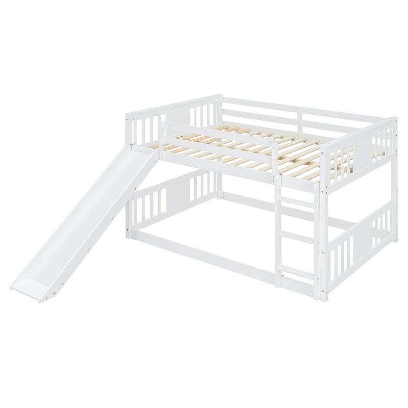 White DreamHaus full over full bunk bed with ladder and slide, featuring a sturdy frame and playful design for kids' bedrooms.
