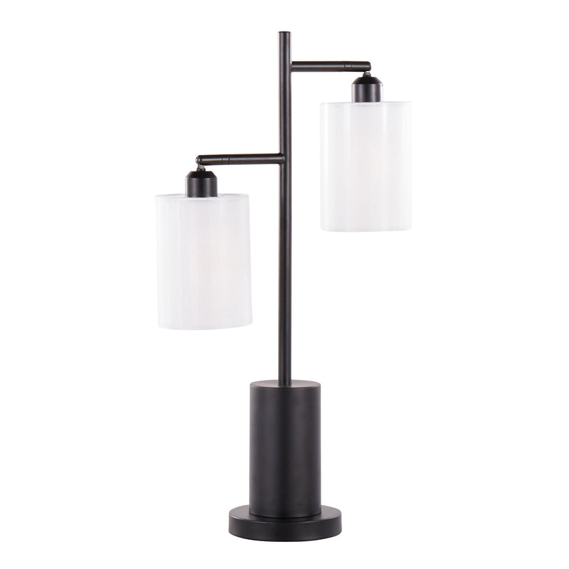 Lumi Source Cannes contemporary table lamp with sleek design, featuring a modern ceramic base and fabric shade on a wooden surface.