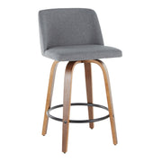Set of two Lumi Source Toriano mid-century modern counter stools with wooden seats and black metal legs.