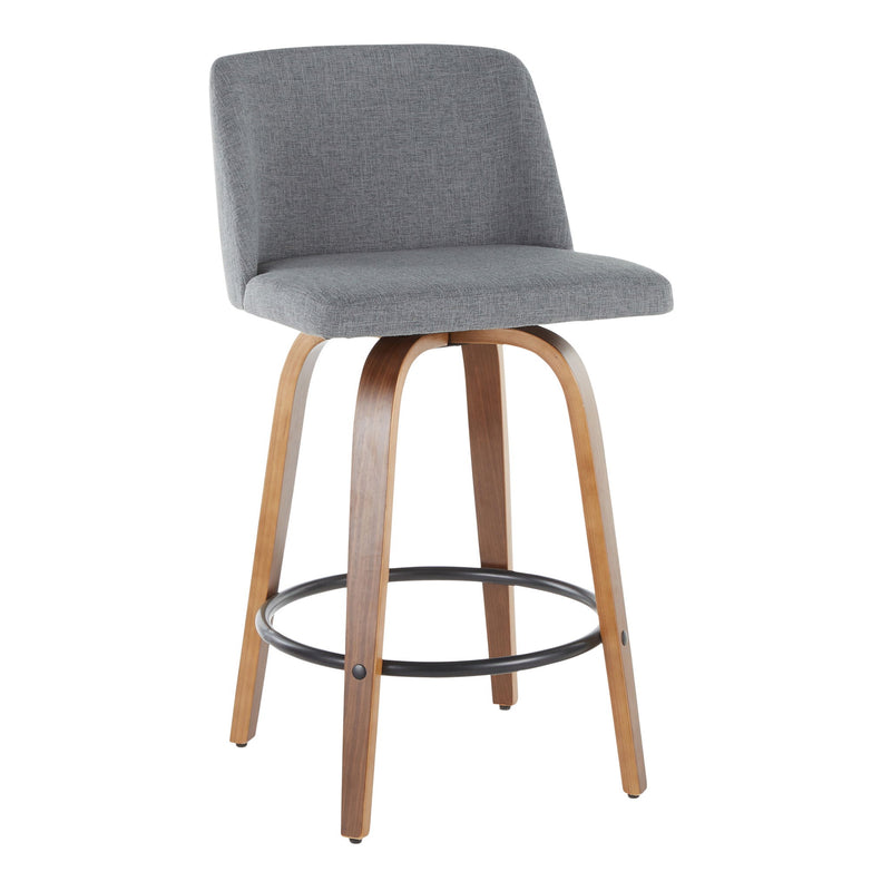 Set of two Lumi Source Toriano mid-century modern counter stools with wooden seats and black metal legs.