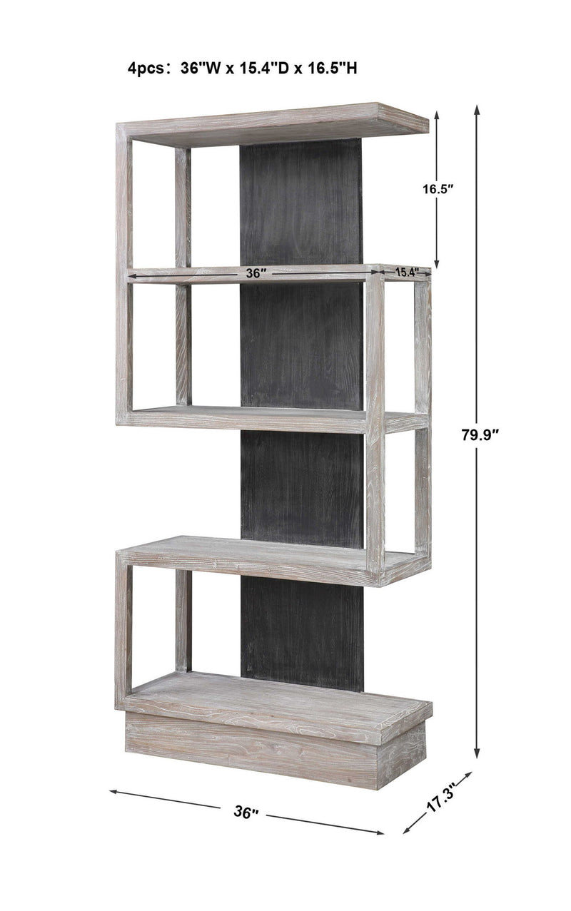 Modern pearl silver etagere by Uttermost, featuring multiple open shelves and sleek metal frame for stylish storage and display.