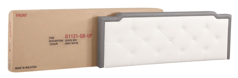 Two-tone upholstered bed from Glory Furniture in a stylish all-in-one box design with a modern, padded headboard.