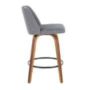 Set of two Lumi Source Toriano mid-century modern counter stools with wooden legs and upholstered seats.