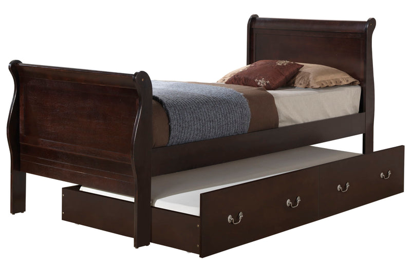 Elegant Glory Furniture trundle bed with a classic design, featuring a wooden frame and a pull-out sleeping surface.