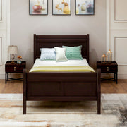 DreamHaus platform bed frame with sleigh design, wood slat support, headboard, and footboard in a modern bedroom setting.