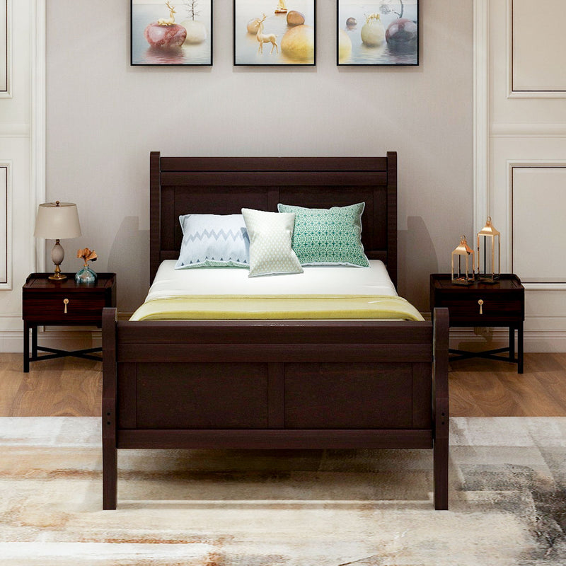 DreamHaus platform bed frame with sleigh design, wood slat support, headboard, and footboard in a modern bedroom setting.