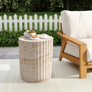 Elegant beige Noble House concrete side table with travertine top, suitable for outdoor or indoor use, lightweight and stylish.
