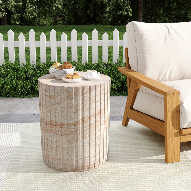 Elegant beige Noble House concrete side table with travertine top, suitable for outdoor or indoor use, lightweight and stylish.