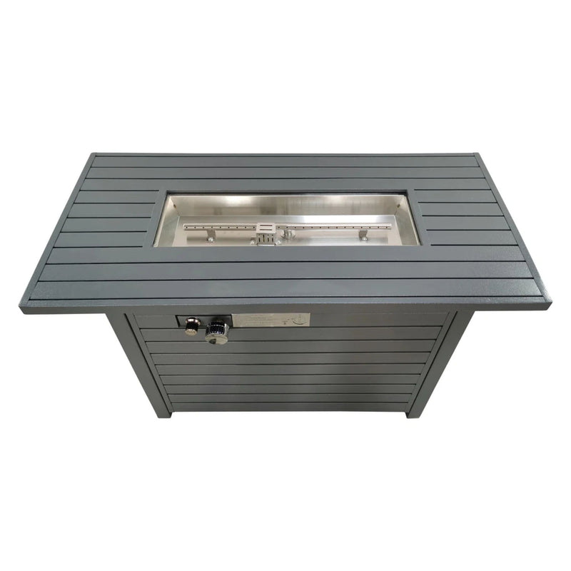 Gray outdoor gas fire pit table by LSI Patio Furniture with durable construction and lid, ideal for outdoor heating and ambiance.