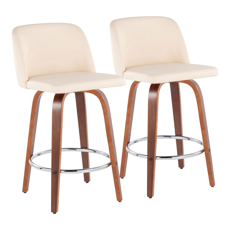 Lumi Source Toriano mid-century modern fixed height counter stool set with round footrests and sleek wooden design.