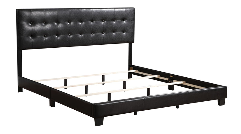 Glory Furniture Caldwell upholstered bed with a padded headboard and sleek frame, shown in a modern bedroom setting.