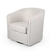 Noble House modern upholstered swivel club chair with nailhead trim, featuring plush fabric and a rounded backrest for stylish comfort.