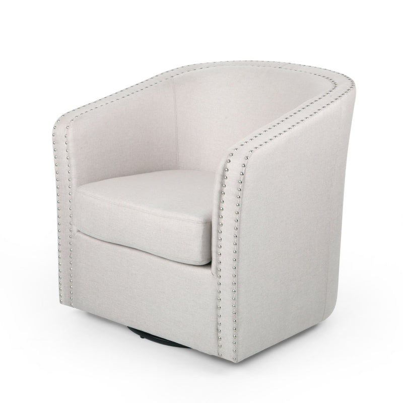 Noble House modern upholstered swivel club chair with nailhead trim, featuring plush fabric and a rounded backrest for stylish comfort.