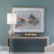 Watercolor framed print of a serene morning lake scene in blue by Uttermost, showcasing vibrant colors and elegant framing.
