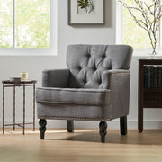 Noble House Harrison tufted club arm chair with button-tufted back and birch wood legs, beige upholstered seating.
