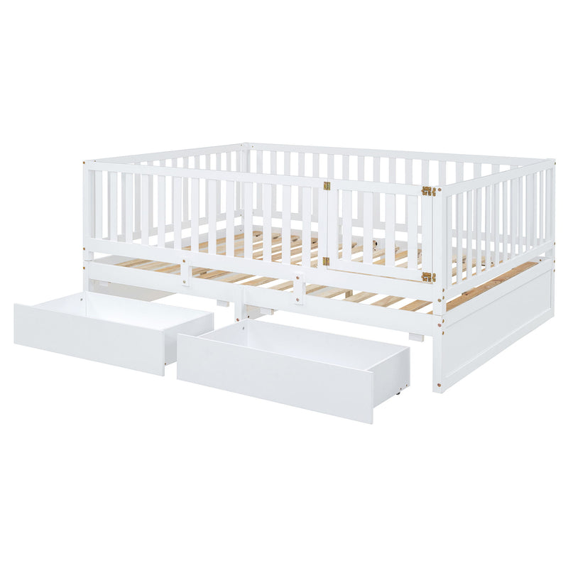 DreamHaus storage daybed with fence guardrails, two drawers, and split design for independent floor bed and daybed use.