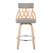 Lumi Source York mid-century modern counter stool with natural wood finish and light gray upholstered seat and back, 24-27 inch height.