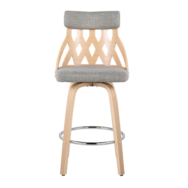 Lumi Source York mid-century modern counter stool with natural wood finish and light gray upholstered seat and back, 24-27 inch height.