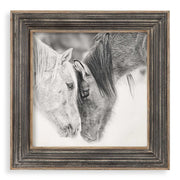 Framed print of black and white horses on dark brown background by Uttermost, showcasing detailed horse artwork in a stylish frame.