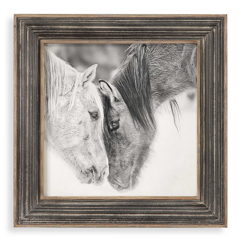Framed print of black and white horses on dark brown background by Uttermost, showcasing detailed horse artwork in a stylish frame.