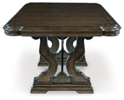 Maylee 8+ piece dining set with dark brown extension table, 4 side chairs, 2 arm chairs, storage bench, buffet, and hutch.