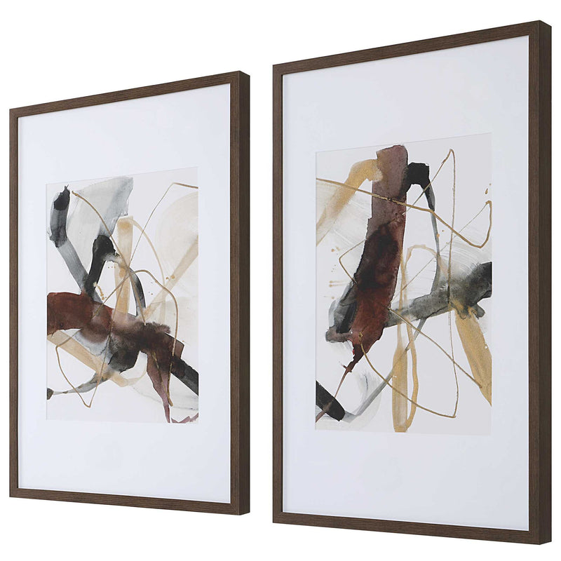 Set of two Burgundy and dark brown abstract canvas art prints by Uttermost, modern wall decor for living rooms or offices.
