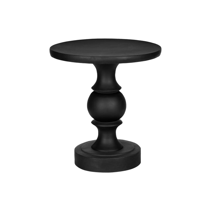 Black round accent table from 8th Street, suitable for indoor and outdoor use, with a sleek modern design.