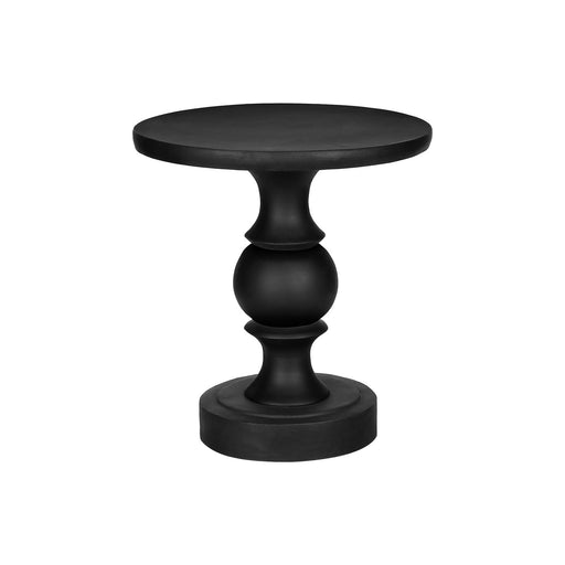 Black round accent table from 8th Street, suitable for indoor and outdoor use, with a sleek modern design.