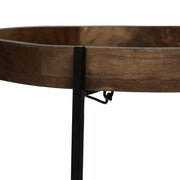 Modern industrial round end table with tray top and foldable iron legs in natural finish, by Noble House.