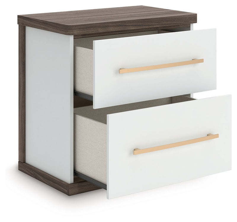 Kendanport - Two Drawer Night Stand - Brown / White - R&R Furniture Gallery (Fountain Valley, CA)