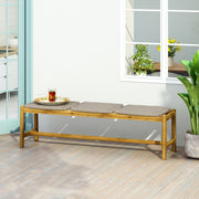 Noble House Cambria 3-seater teak bench with slatted seat and sturdy wooden legs, ideal for outdoor or patio seating.