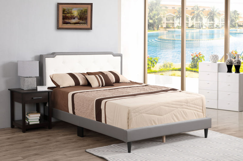 Two-tone upholstered bed from Glory Furniture in an all-in-one box, showcasing a modern, padded headboard and sleek design.