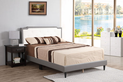 Two-tone upholstered bed from Glory Furniture in an all-in-one box, showcasing a modern, padded headboard and sleek design.