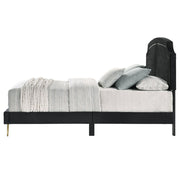 Zeena upholstered bed by ACME with a padded headboard and neutral fabric, shown in a stylish bedroom setting.