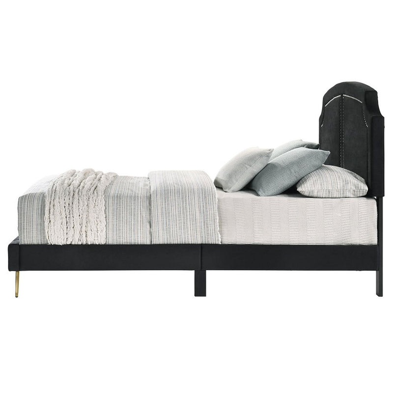 Zeena upholstered bed by ACME with a padded headboard and neutral fabric, shown in a stylish bedroom setting.