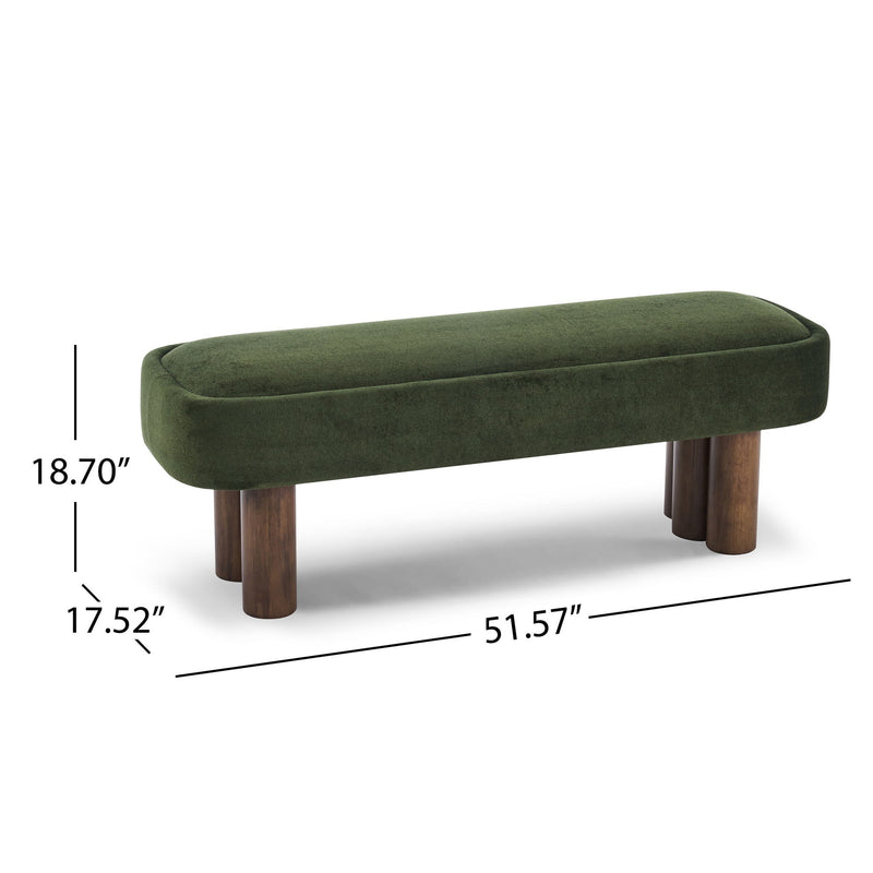 Indoor upholstered dining bench by Noble House, featuring a cushioned seat and wooden legs for comfortable dining area seating.