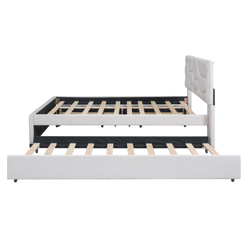 Upholstered Platform Bed With Brick Pattern Headboard And Twin Long Size Trundle - R&R Furniture Gallery (Fountain Valley, CA)