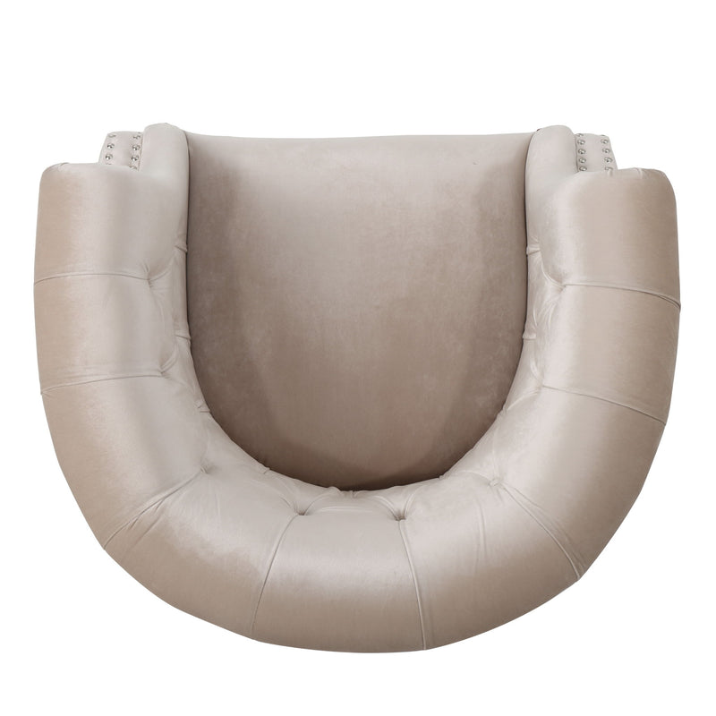 Noble House Celestialis upholstered club arm chair with tub design, rolled recessed armrests, in a cozy living room setting.
