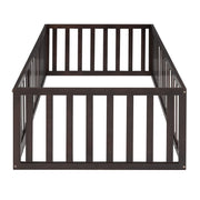 DreamHaus twin size floor bed frame with fence and door, walnut panel bed featuring a sturdy design and safety features.