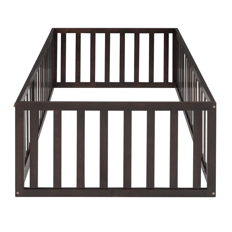 DreamHaus twin size floor bed frame with fence and door, walnut panel bed featuring a sturdy design and safety features.