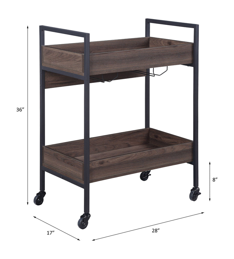 ACME Jerrick serving cart in walnut and black with two shelves and handle, ideal for bar serving and storage.