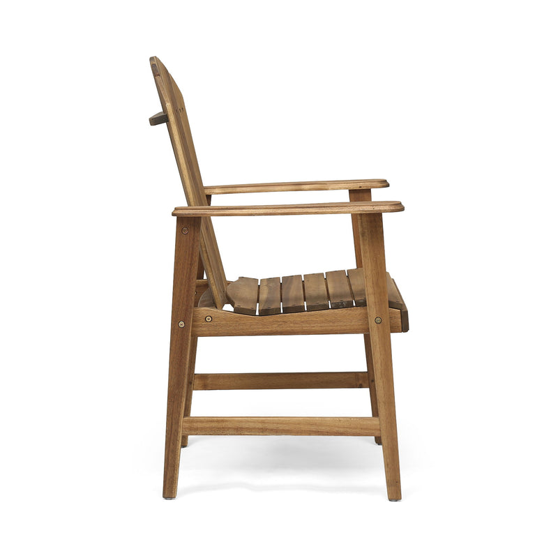 Set of two Noble House outdoor weather-resistant acacia wood Adirondack dining chairs with wide armrests and slatted backs.